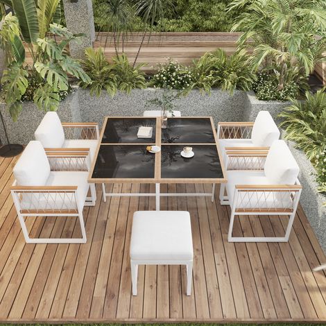 7-teiliges Gartenmöbel-Set Essgruppe mit quadratischem Tisch 117x117cm 4 Stühle 2 Hocker Polyrattan und gehärtetes Glas Moderner Stil Natur und Weiß