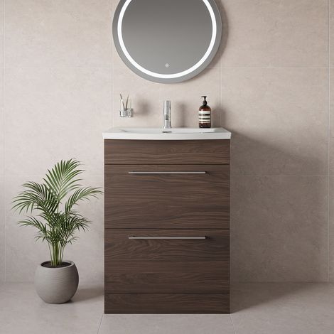 Napoli 390 Brown Oak 600mm 2 Drawer Vanity Unit with Arc Basin - 600mm - Chrome 320mm Handle