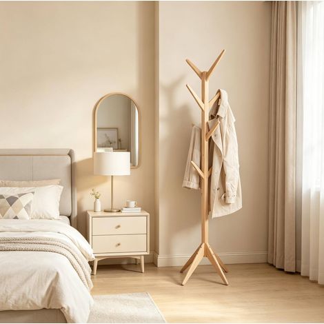 Porte-manteau sur pied en bois massif naturel avec 8 crochets, 43 x 43 x 180 cm, format gain de place pour entree (1/5)