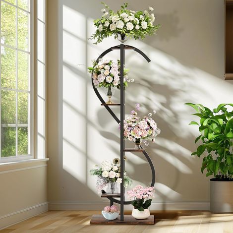 UNHO 5-Niveaux Étagère à Plante Forme de S - Support de Fleurs Multifonction - Porte Plante pour Balcon Salon Bureau Intérieur - 55 x 26 x 153cm