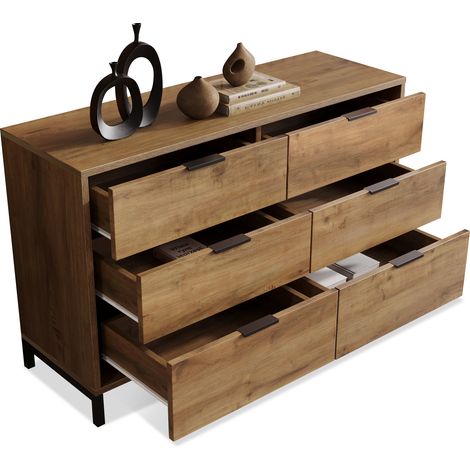 Kommode mit 6 Schubladen, Metallgestell, Industrie-Optik, für Schlafzimmer, aus Spanplatte, Dunkle Eiche, 120×40×76 cm (1/5)