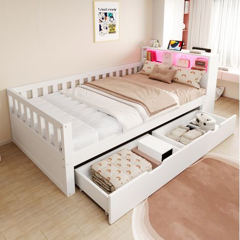 Cama multifuncional 90 × 200 cm en madera blanca con cajones, estantes, LED y enchufes (1/5)