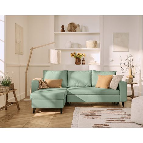 Nordic - 4-sitzer ecksofa beidseitig montierbar - schlaffunktion und bettkasten - aus veganem leder - salbeigrün (1/5)