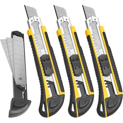 Utilité couteau boîte coupe rétractable, lourd Snap Off changement rapide lames supplémentaires (3 lames) TPR + PP poignée coupe boîtes en carton ou bricolage, 3 pièces (1/5)