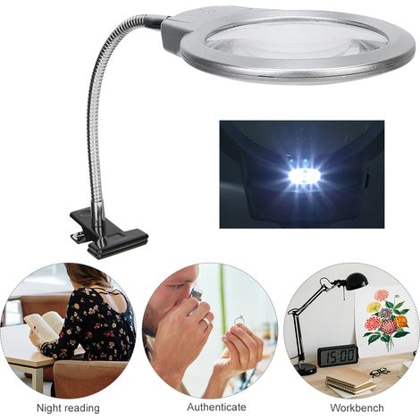 Loupe à pince avec lumière LED, lampe de lecture de bureau en métal pour étudiants. (1/3)