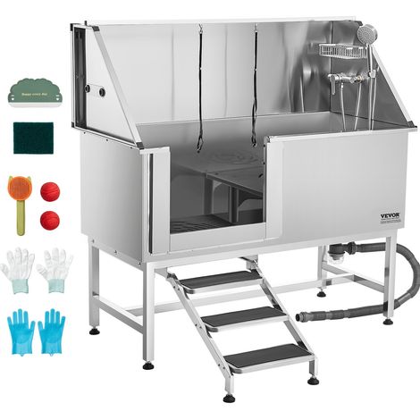 Baignoire de Chien Acier Inoxydable, Baignoire de Toilettage pour Animaux de Compagnie 150 cm Station de Lavage Chat, avec Escalier, Panneau Filtre à Eau, Robinet, Pommeau Douche, Porte Gauche (1/5)