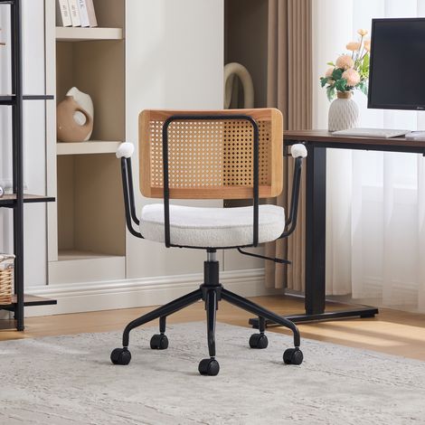 Fauteuil de bureau vintage en rotin roulettes, chaise pivotante réglable, assise en chenille, cadre bois, pour bureau, salon, étude - Blanc cassé (1/5)