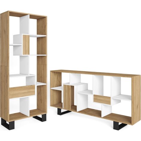 Skraut Home - Libreria scaffale, Scaffali in legno a ripiani, 67x31x174cm, Design industriale, Stile moderno, Rovere e bianco (1/5)