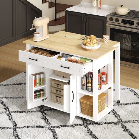 Carrello da cucina su ruote, 120×50 cm, estensibile con barra 110×27 cm, prese AC e USB, 2 cassetti, 2 ante, MDF bianco/naturale