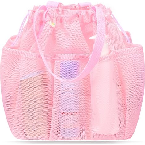Panier de douche portable en filet avec cordon de serrage, un indispensable pour les résidences universitaires — rose
