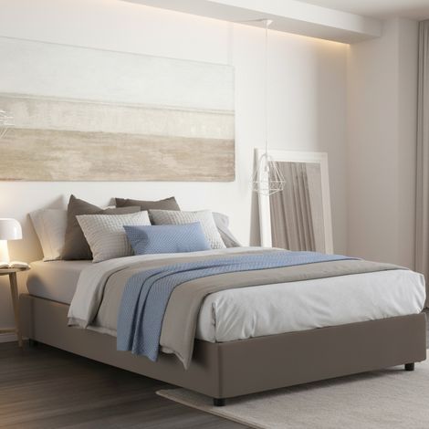 Dmora - Cama matrimonial Dast, Cama contenedor con tapizado en ecopiel, 100% Made in Italy, Apertura frontal, con colchón Cm 160x200 incluido, Tórtola (1/3)
