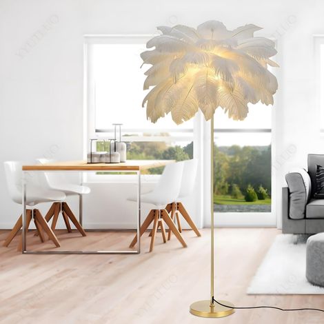Lampe À Plumes Moderne, Lampadaire En Plumes D'Autruche Naturelles, Hauteur 160cm, Poteau Et Base Dorés, 3 Températures De Couleur, Ampoules LED G4, Salon, Chambre D'Enfant, Bureau (Blanc) (1/5)