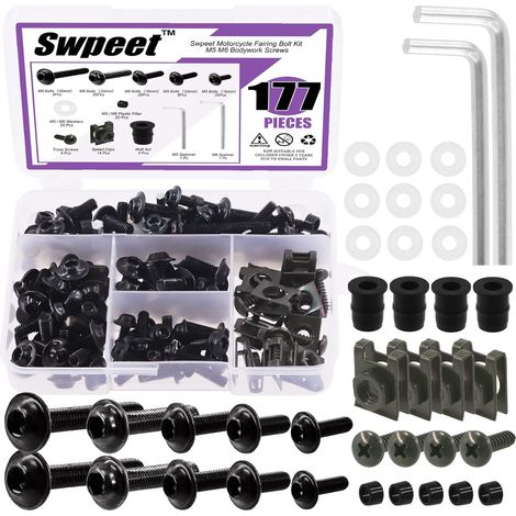 Assortimento di 177 bulloni per carenatura moto M5 e M6, 2 misure, viti di montaggio per parabrezza moto, bulloni di montaggio per tutti i modelli e anni di moto sportive (nero) (1/5)