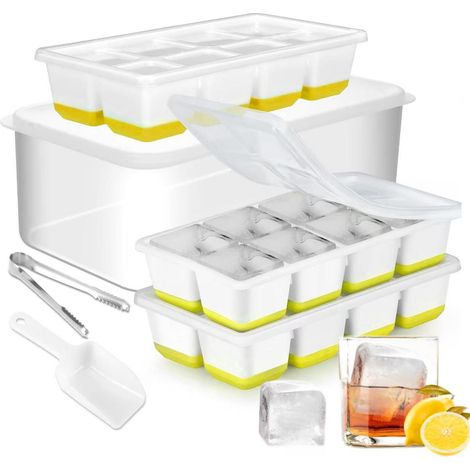 Ensemble de 3 moules à glaçons en silicone, bac à glaçons carré, avec pince à glaçons, pelle à glaçons et boîte de rangement, jaune. (1/5)