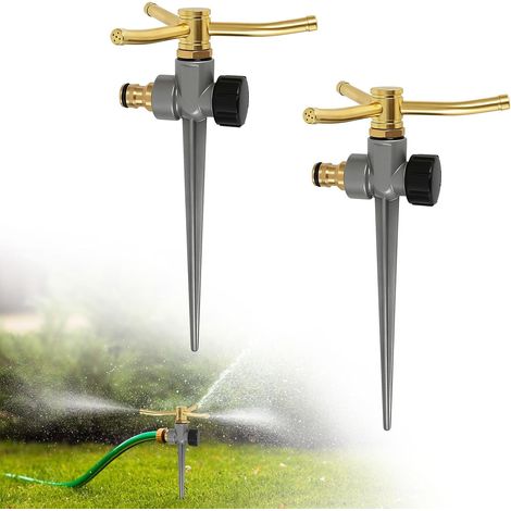 Lot de 2 arroseurs de pelouse en métal, 3 bras et 5 trous, arroseurs de jardin à 360 degrés avec base à pointes et buse en laiton réglable, pulvérisateur d'arrosage rotatif automatique pour pelouse (1/5)
