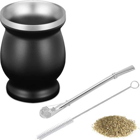 Tazza da Yerba Mate, Yerba Mate, Set da tè Yerba a doppia parete, Tazza da Yerba, con cannuccia, cucchiaino e spazzolino per la pulizia, per Yerba Mate, caffè, latte e succo di frutta, nero, 237 ml (1/5)