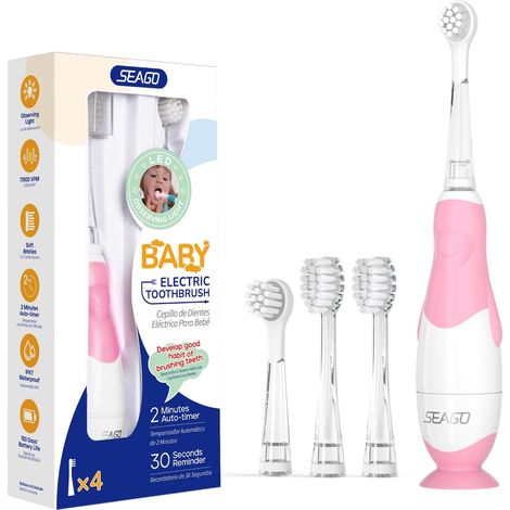 Brosse à Dents Sonique pour Enfants 0-3 Ans, Brosse à Dents Bébé avec LED d'Inspection, 4 Têtes de Rechange, Base à Ventouse, Design Adorable, Douce pour les Gengives (Rose) (1/5)