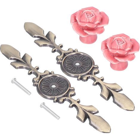 2 ensembles de boutons d'armoire, fleur de Rose, poignée de traction en céramique, tiroir de placard pour meubles de cuisine (1/5)