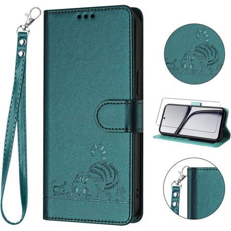 Verre trempé+Coque Cuir PU Étui pour iPhone 12/12 Pro 6.1\", RFID Blocage Portefeuille Housse avec Fentes (Chats vert foncé) XMM (1/5)