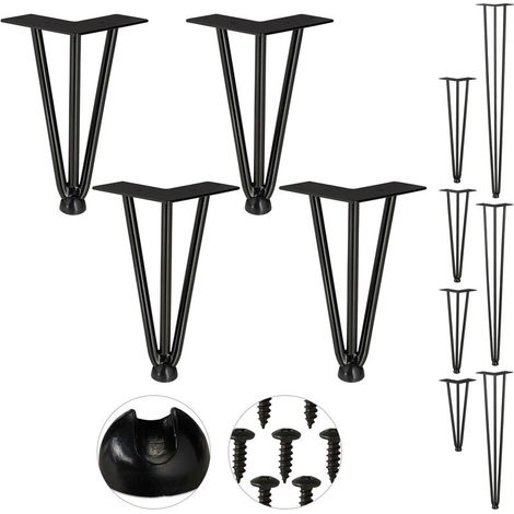 Haarnadelbeine, 4er-Set, mit 3 Stützstangen, aus Metall, geeignet für Hocker, Tische und Schränke, 20 cm hoch, schwarz.