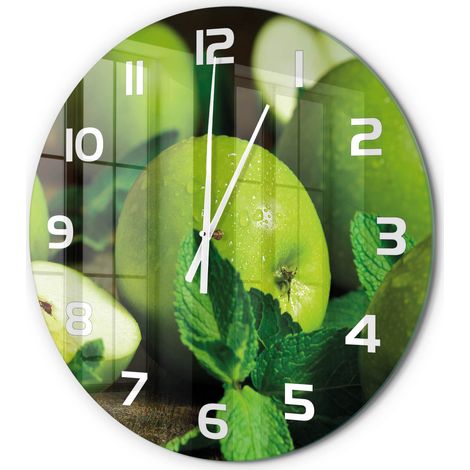 Horloge Murale Ronde Objet Décoratif en Verre Silencieuse pour Salon Pommes vertes fi 60 cm
