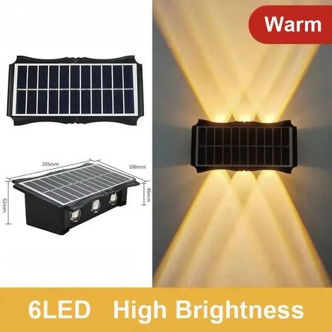 (1 PCS-6 LED Lumière chaude) Lampe murale solaire extérieure LED étanche, éclairage lumineux vers le haut et vers le bas, décoration pour balcon, cour et jardin (1/5)