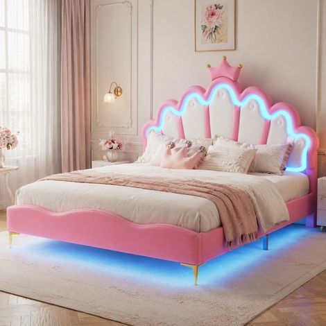 MEUBLIV Bett 140x200 cm rosa – LED und Kronen-Kopfteil, ohne Matratze (1/5)