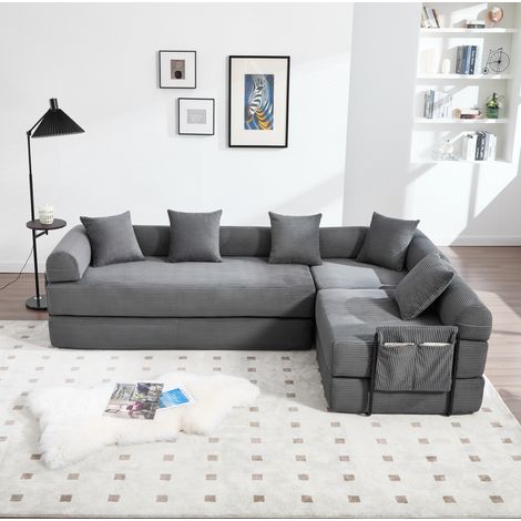 Sofá modular 270x180x64 cm gris oscuro en pana con almacenamiento lateral y función cama (1/5)