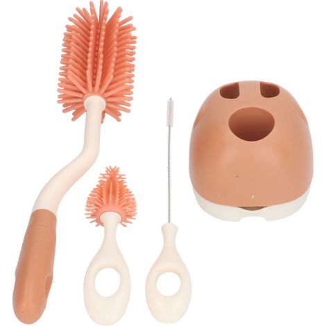 Babyflaschenbürsten-Set mit ergonomischem Griff, vielseitige Silikon-Flaschenreinigungsbürsten mit Basis für Sauger und Strohhalm, orange, drehbar (1/5)