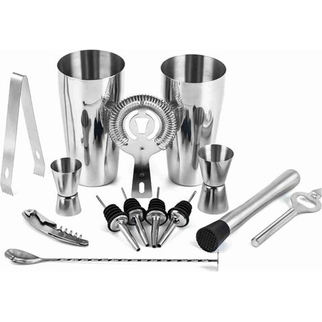 Kit de coctelería de 14 piezas, cocteleras de acero inoxidable de alta resistencia, bar portátil para el hogar, color plata. (1/5)
