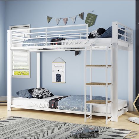Kinder-Hochbett 90 x 200 cm aus Metall und MDF, weiß und Nussbaum HAVRYA (1/5)
