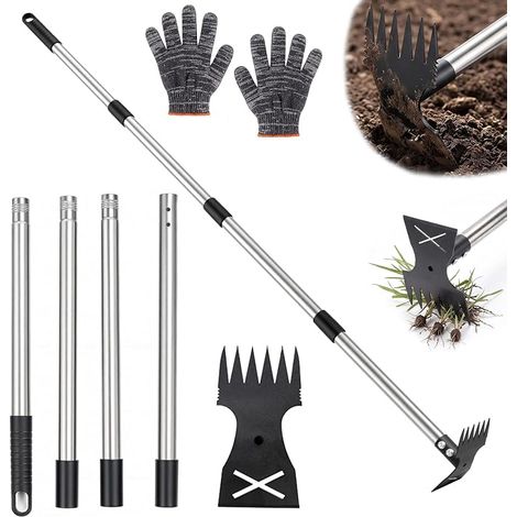 Désherbeur réglable râteau à mauvaises herbes et hachette de jardin appareil d'élimination des mauvaises herbes avec gants de jardin pour jardin cour (1/5)
