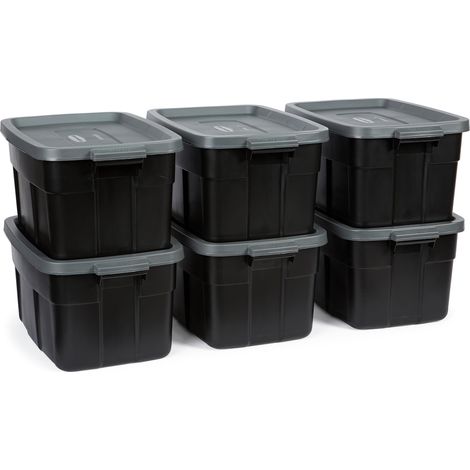Bacs de rangement résistants en plastique avec couvercles, empilables, grande capacité, durables, polyvalents, 53 L (14 gal), lot de 6, noir et gris solide (1/5)