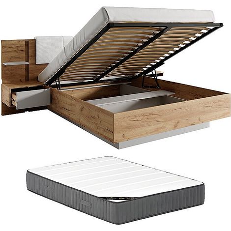 Letto con contenitore con comodini 160 x 200 cm Con LED Naturale e bianco + Materasso - ELYNIA