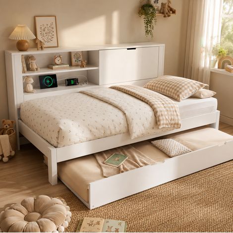 MEUBLIV Cama 90x200 cm blanca con cama nido y almacenamiento, sin colchón (1/5)