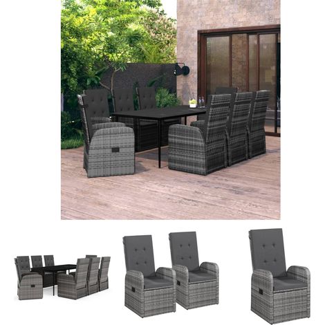 Gartenstühle - vidaXL 9-tlg. Garten-Essgruppe mit Auflagen Grau - Gartenstuhl (1/5)