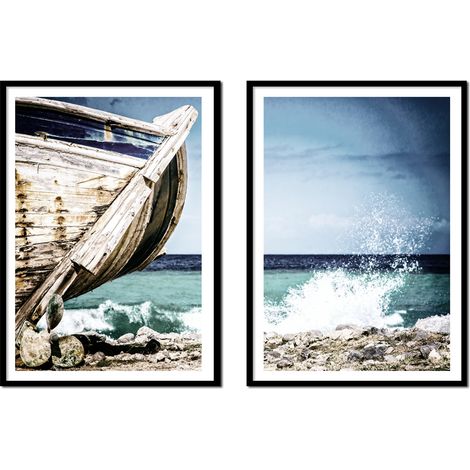 BILDPOSTER IM RAHMEN 53x73cm Diptychon Set mit 2 Gemälden Boot Meer P2144 (1/3)