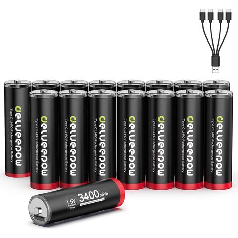 Pile Rechargeable AA 1,5V USB C Lithium 3400mWh,Piles AA Rechargeables 1500 Cycle Longue Durée de Vie Lot de 16 (1/5)