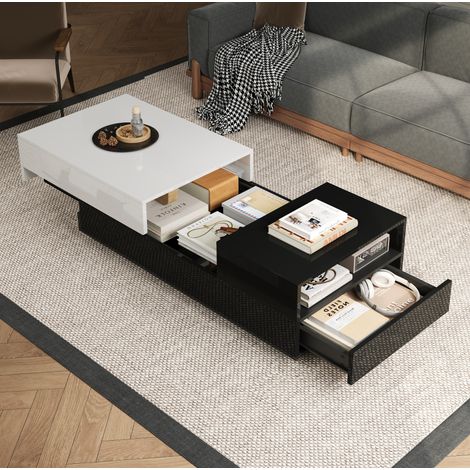 Mesa de centro 100x50x38 cm blanco y negro en tablero de partículas con 2 cajones, tapa elevable y espacio lateral (1/5)