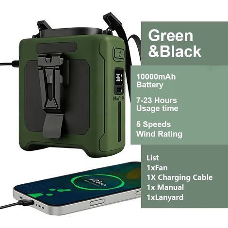 (Vert) Mini ventilateur de ceinture pour le camping, avec lampe LED et batterie externe (1/5)