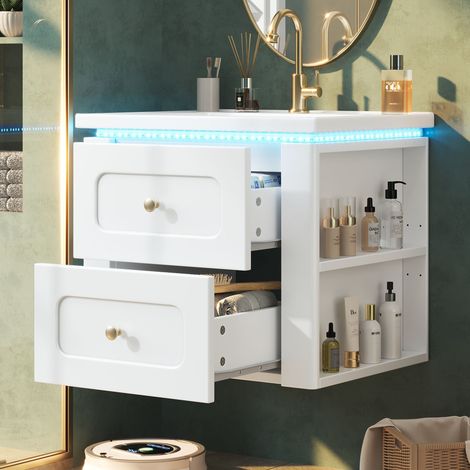 Modernluxe - Meuble Sous-Vasque Suspendu 61cm - Meuble de Salle de Bain avec Vasque en Céramique, Éclairage LED & 2 Tiroirs - Blanc (1/5)