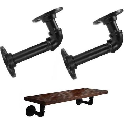 2pcs Supports d'étagère de tuyau industriel pour étagères, support d'étagère flottant de tuyau en métal noir en L-Support de rayonnage mural décoratif robuste style vintage de ferme rustique (1/4)