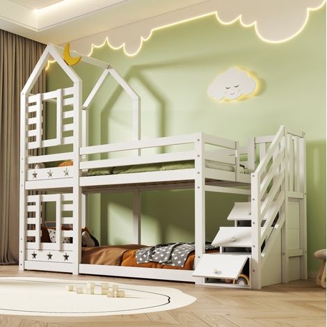 FLORAGRACE Lit superposé enfant 90 x 200 cm en bois blanc rangements dans l'escalier et garde-corps (1/5)