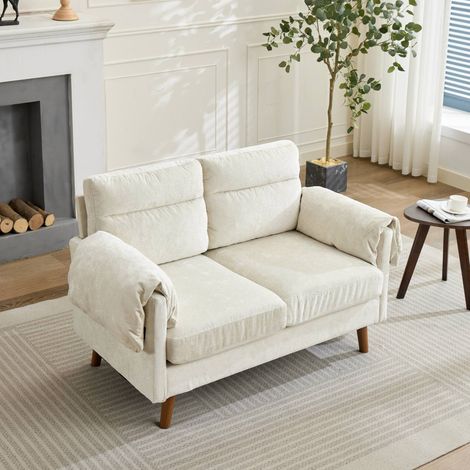 Sofá 2 plazas con patas efecto madera, cojines, en felpa beige (1/5)