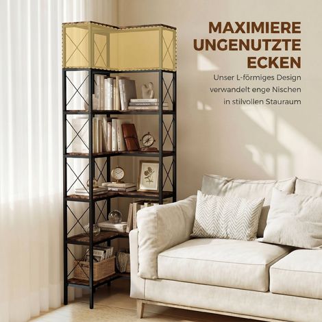 6-stöckiges L-förmiges Bücherregal mit freistehendem Eckregal mit Metallrahmen, Braun, 60 x 60 x 200 cm. (1/5)