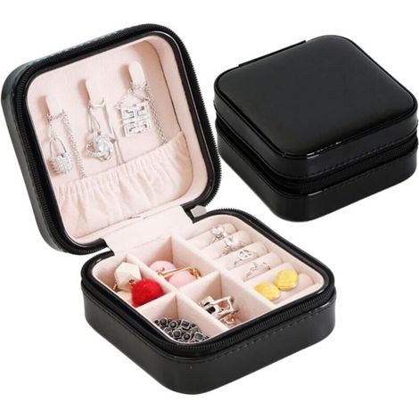 Boîte à bijoux petit sac organisateur de bijoux de voyage sac organisateur en cuir PU pour dames filles support Portable noir (1/3)