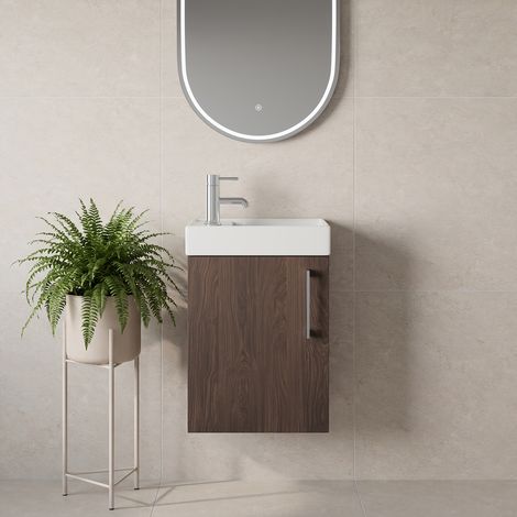 Napoli Cube Brown Oak 400mm Wall Mounted Single Door Vanity Unit with Align Basin - 400mm - Chrome 160mm Handle