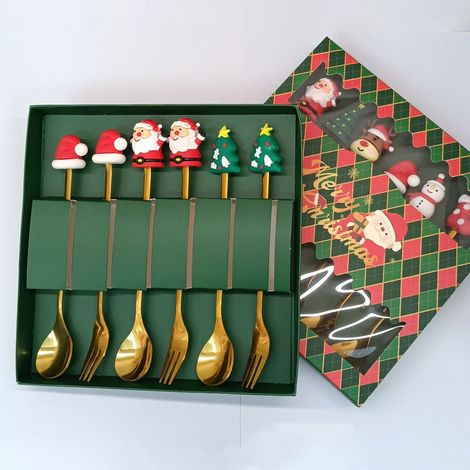 Coffret cadeau cuillère et fourchette avec motifs de Noël en acier inoxydable (ensemble de 6 pièces dans une boîte de Noël verte) (1/4)