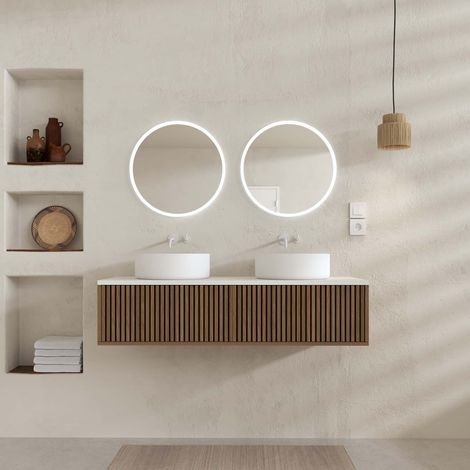 Mobile Bagno 120cm - 2 Cassetti Finitura Rovere e Nero - Piano e Lavabi Bianchi - Specchi LED Ø50