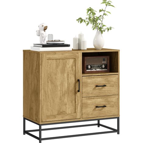 Credenza, mobile contenitore con 2 cassetti, vano a giorno e ripiano regolabile, 80L x 40P x 78A cm, naturale